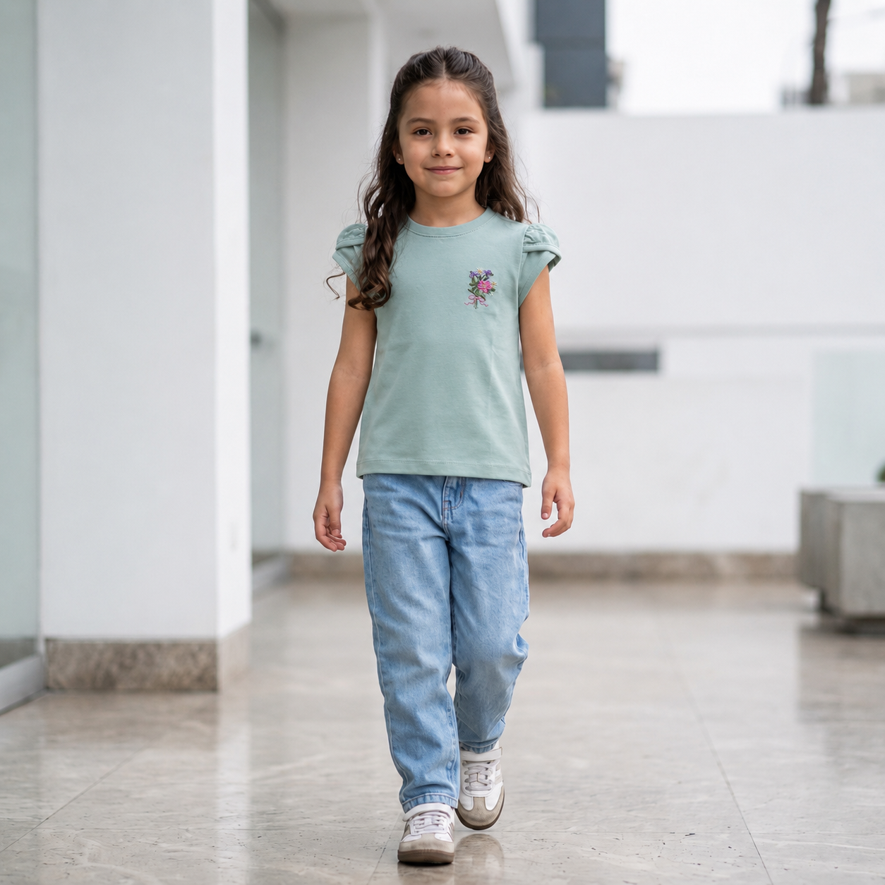 Polo Niña Verde Menta con Bordado Floral y Mangas Abullonadas