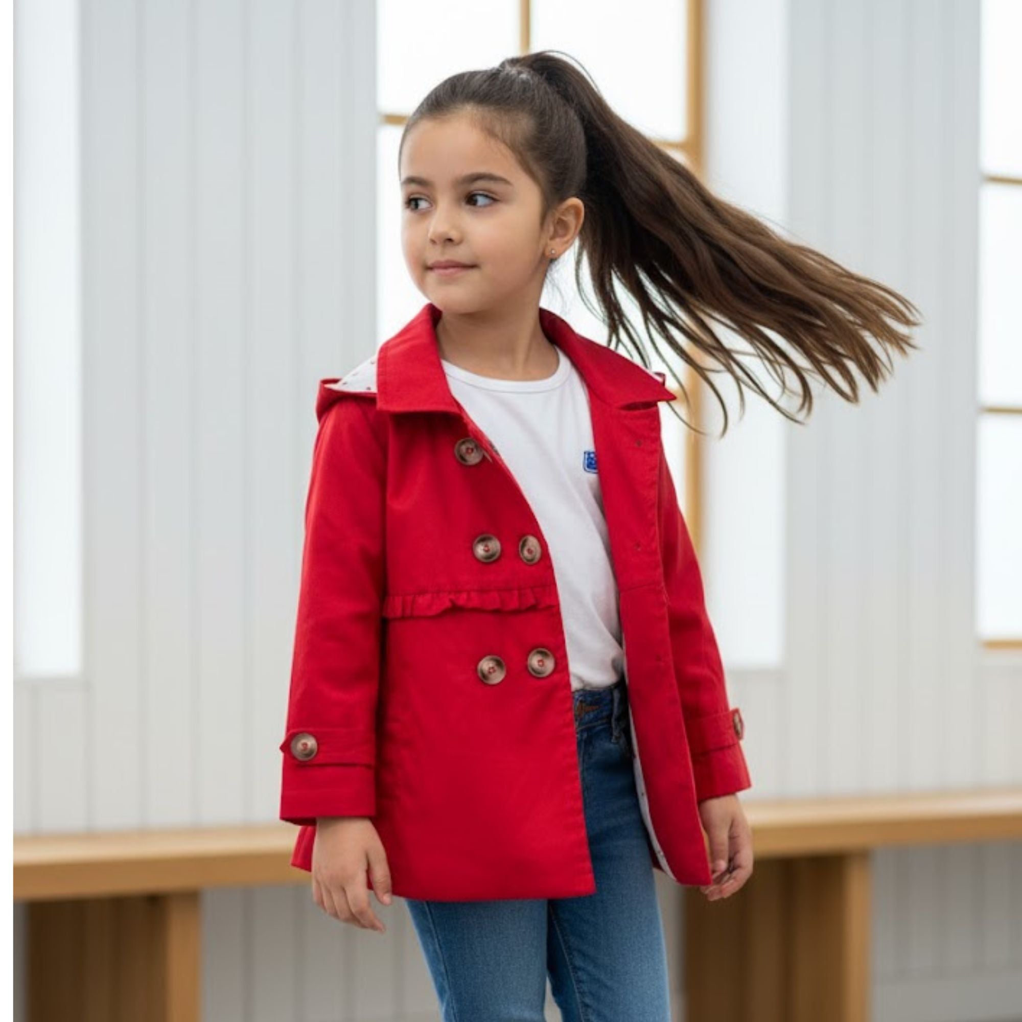 Casaca Trench con Capucha Rojo para Niña