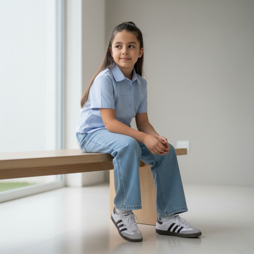Blusa Celeste para Niña con Bolsillos Delanteros