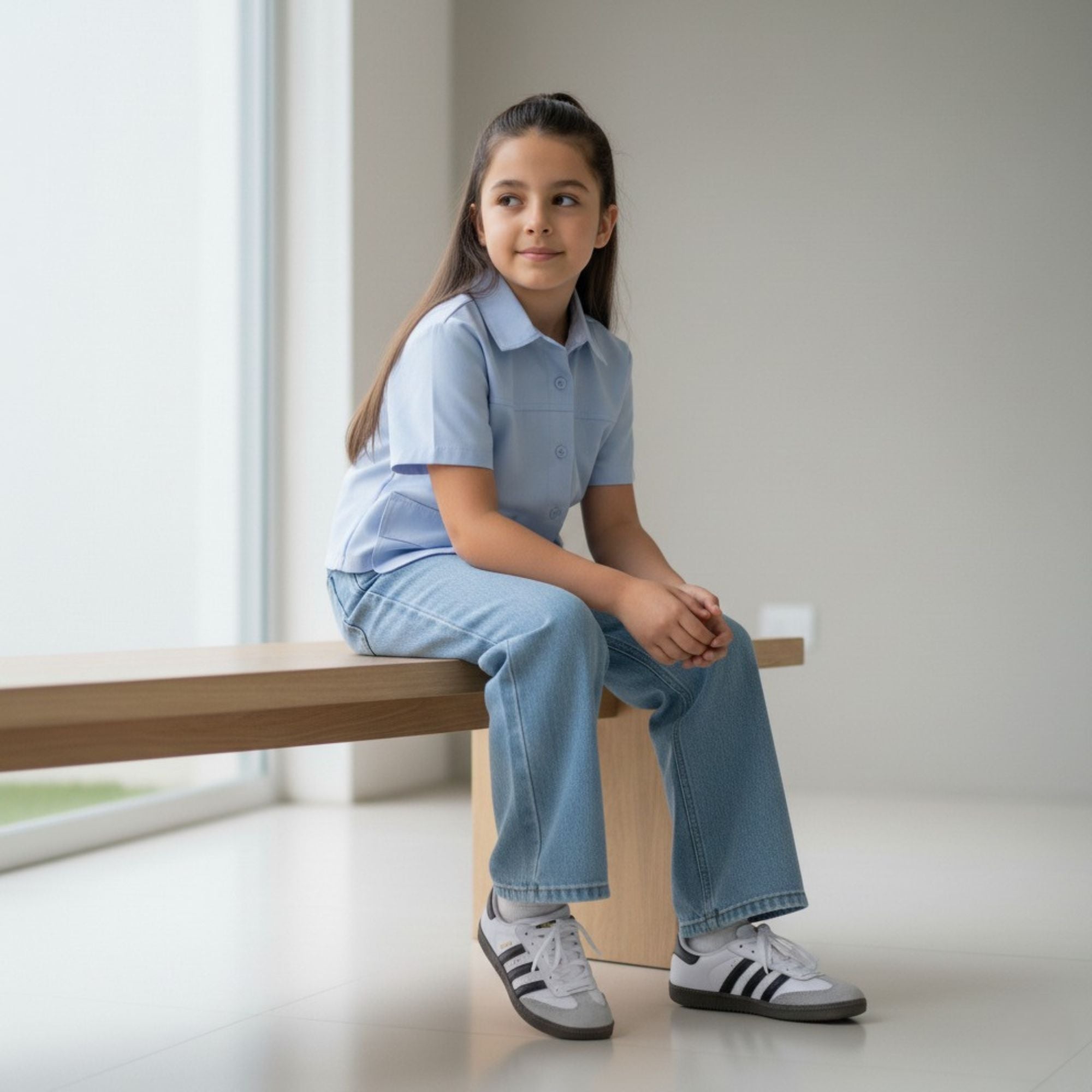 Blusa Celeste para Niña con Bolsillos Delanteros