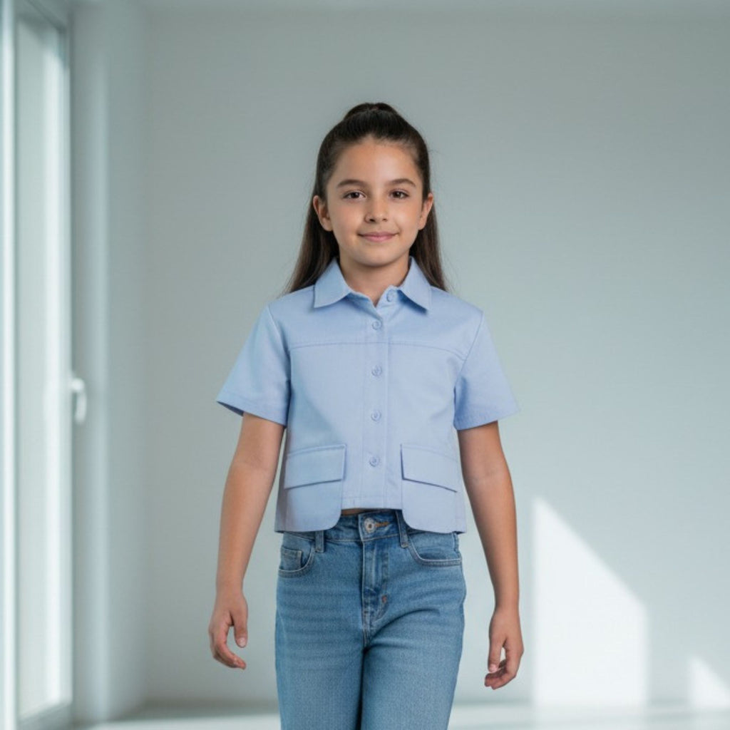 Blusa Celeste para Niña con Bolsillos Delanteros