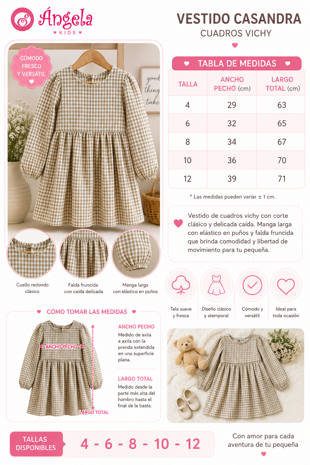 Vestido Niña Vichy Cuadros Beige Manga Larga