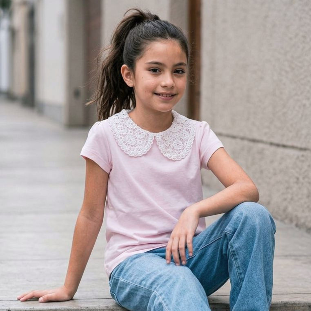 Polo Niña Rib Cuello Encaje (Rosa)