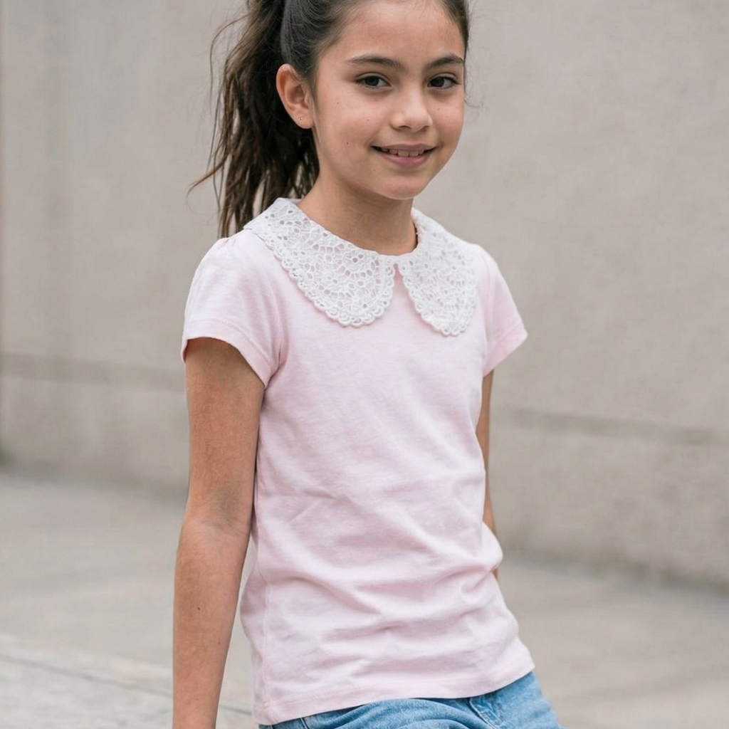 Polo Niña Rib Cuello Encaje (Rosa)