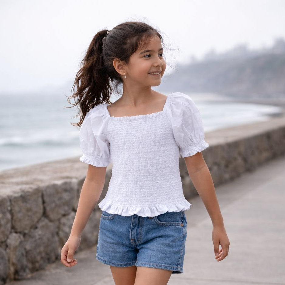 Blusa niña algodón nanzú manga corta cintura elasticada – Angela Kids Perú