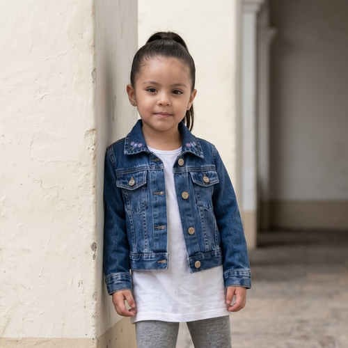 Casaca Niña Jean Denim Azul con Bordado de Flores