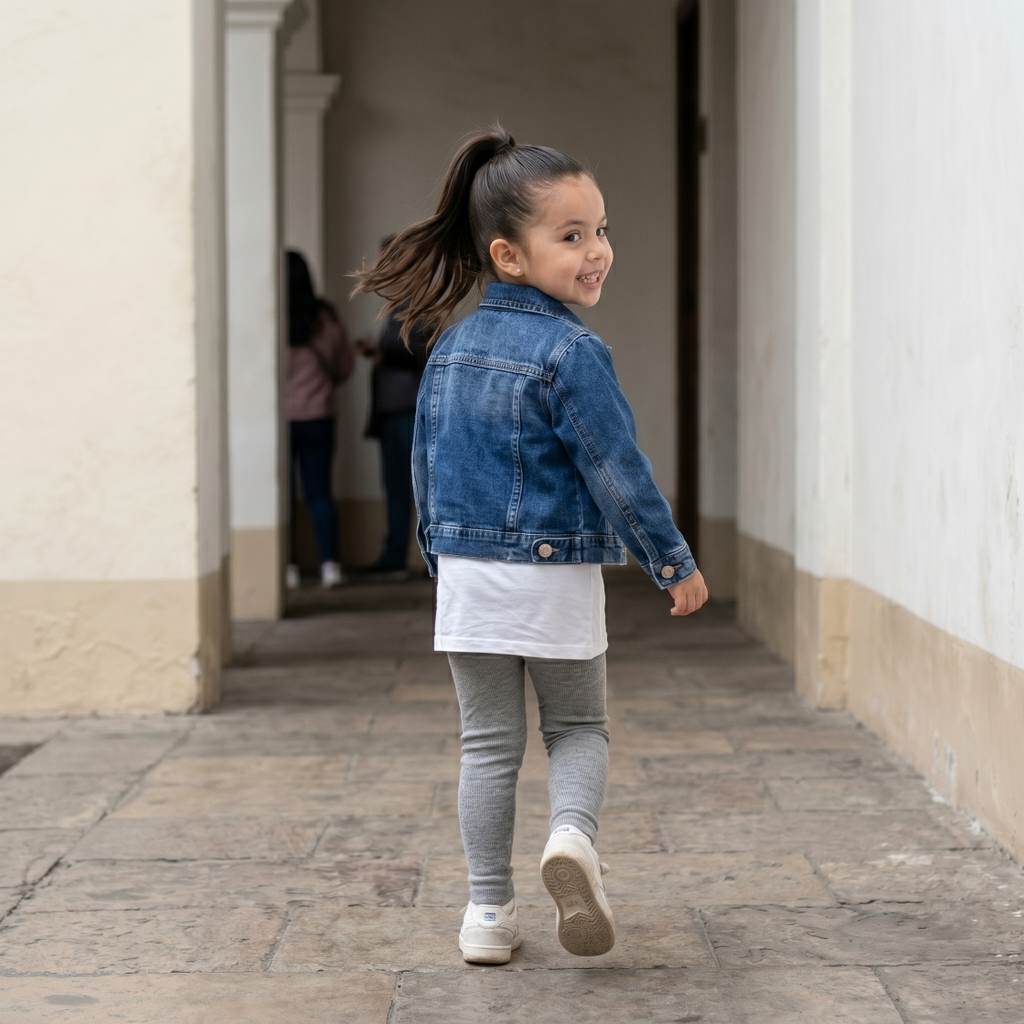 Casaca Niña Jean Denim Azul con Bordado de Flores
