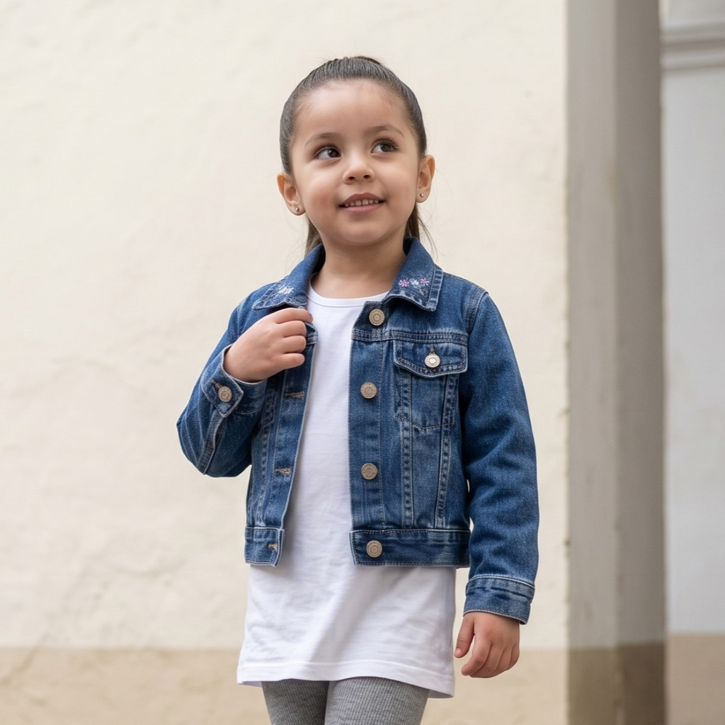 Casaca Niña Jean Denim Azul con Bordado de Flores