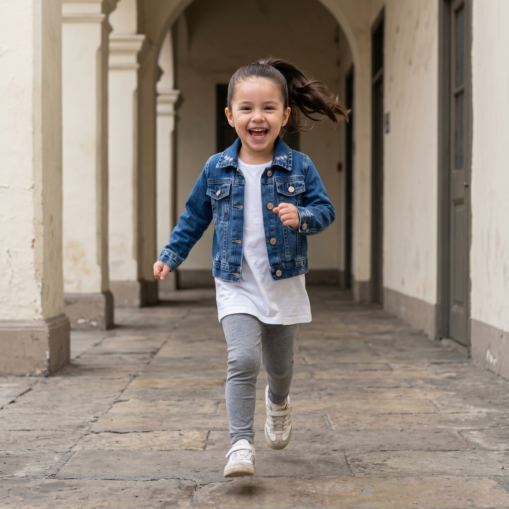 Casaca Niña Jean Denim Azul con Bordado de Flores