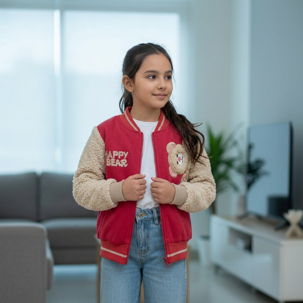 Casaca Niña Varsity Cereza con Mangas Borrego y Aplique Oso