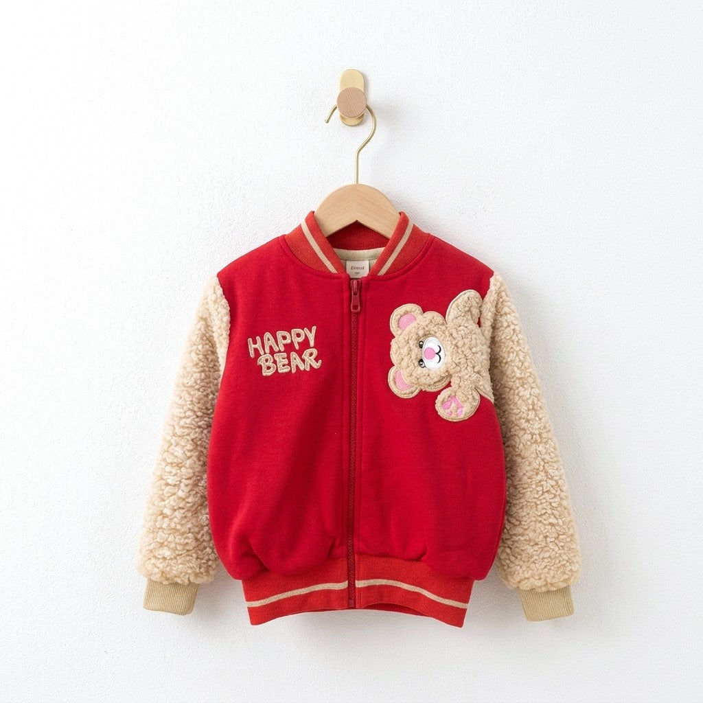 Casaca Niña Varsity Cereza con Mangas Borrego y Aplique Oso