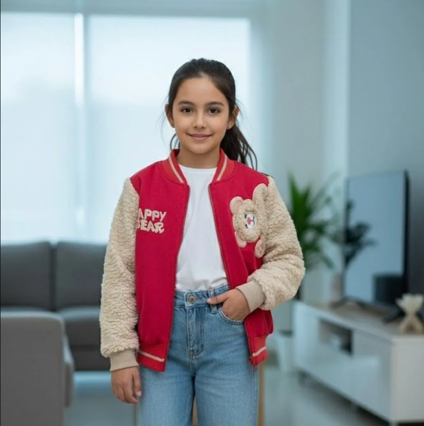 Casaca Niña Varsity Cereza con Mangas Borrego y Aplique Oso