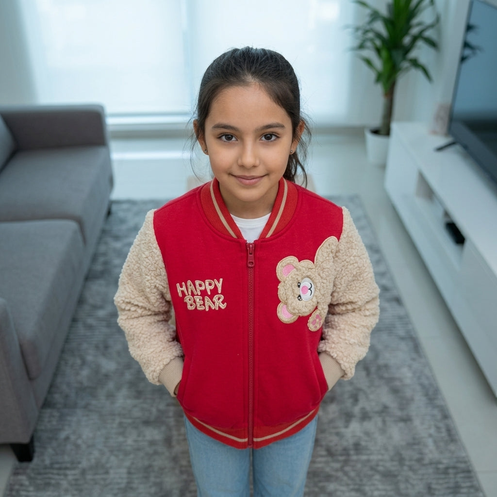 Casaca Niña Varsity Cereza con Mangas Borrego y Aplique Oso