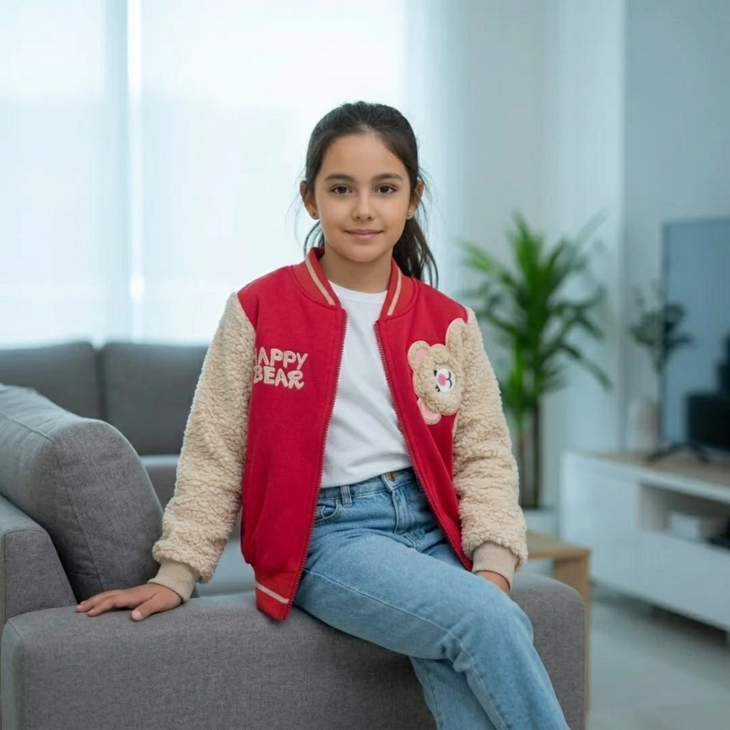 Casaca Niña Varsity Cereza con Mangas Borrego y Aplique Oso