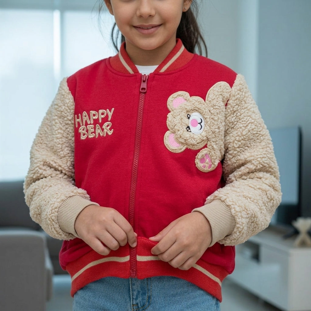 Casaca Niña Varsity Cereza con Mangas Borrego y Aplique Oso