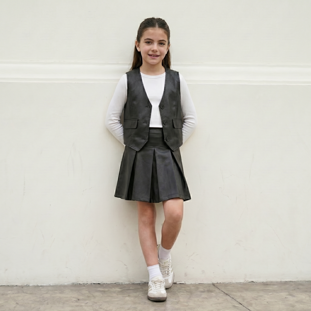 Set Niña 2 Piezas Cuerina Negro Chaleco y Falda