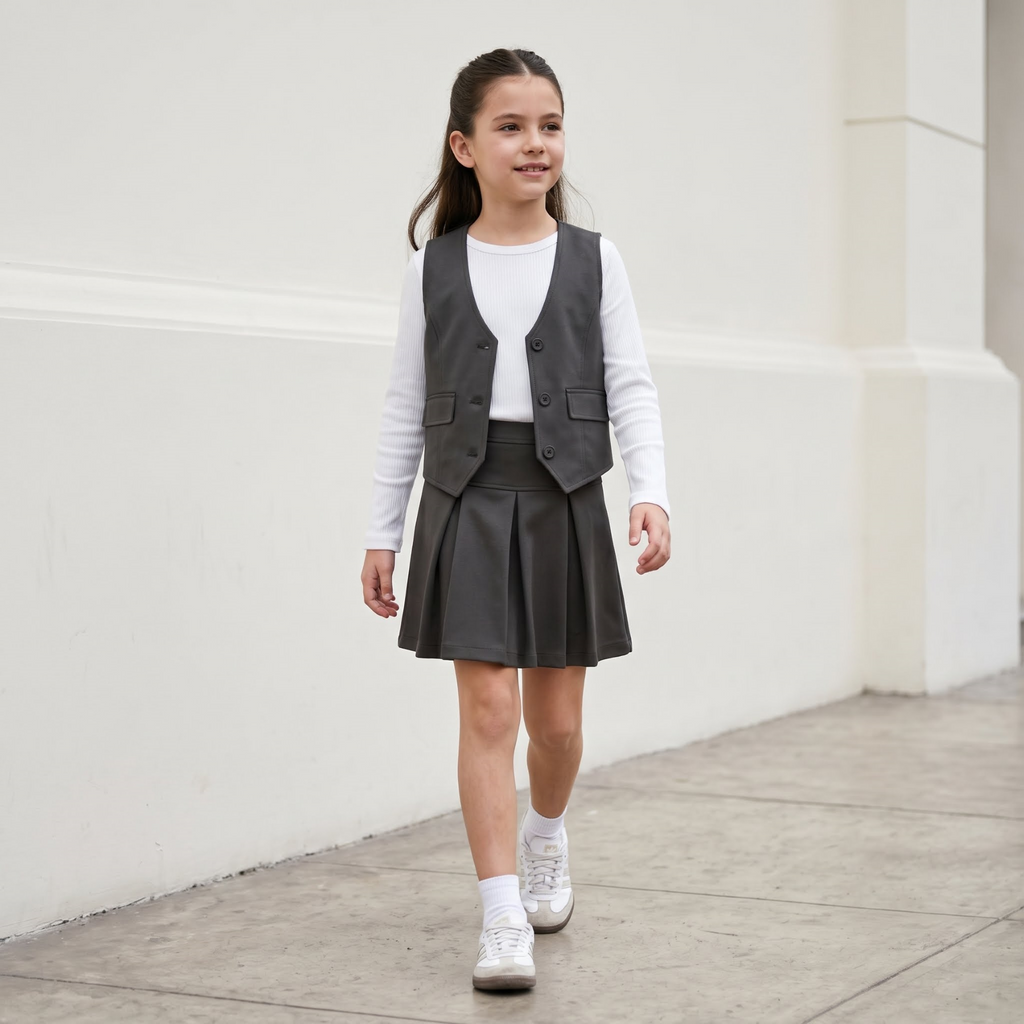 Set Niña 2 Piezas Cuerina Negro Chaleco y Falda