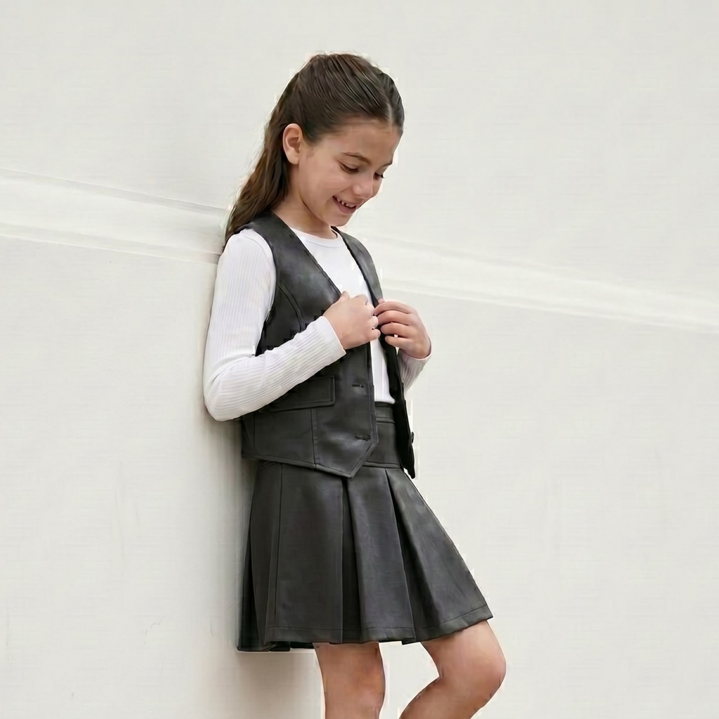 Set Niña 2 Piezas Cuerina Negro Chaleco y Falda