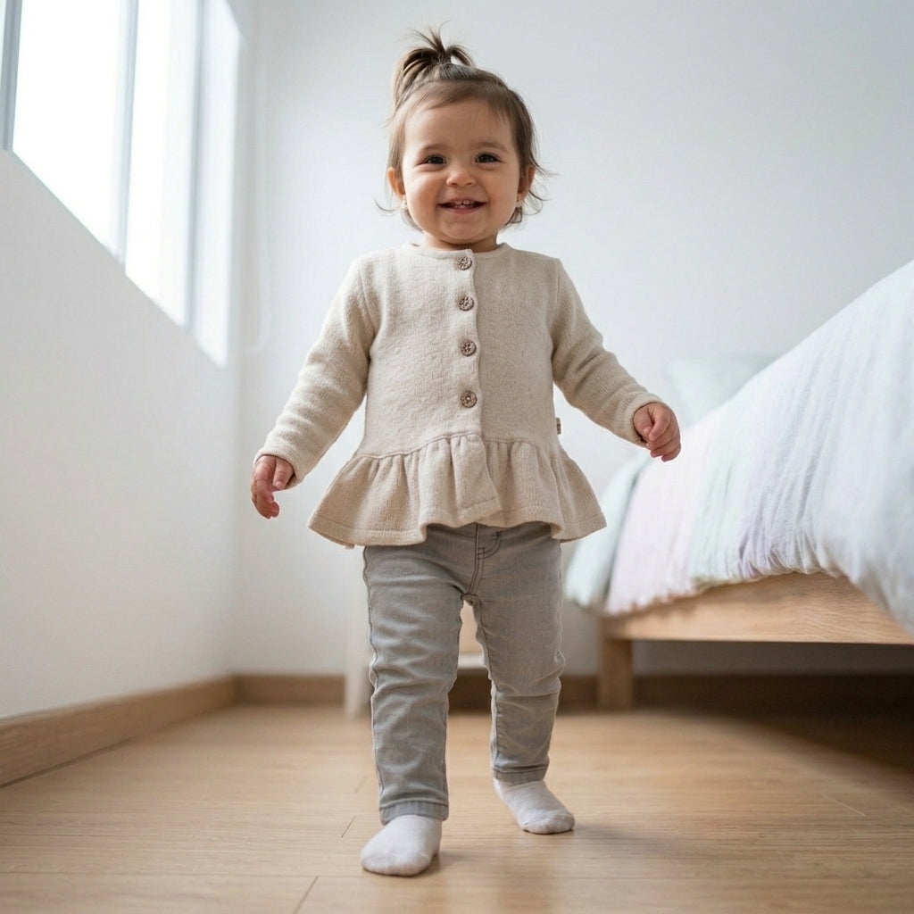 Chaqueta Niña Tejida Beige con Botones y Vuelo en Basta
