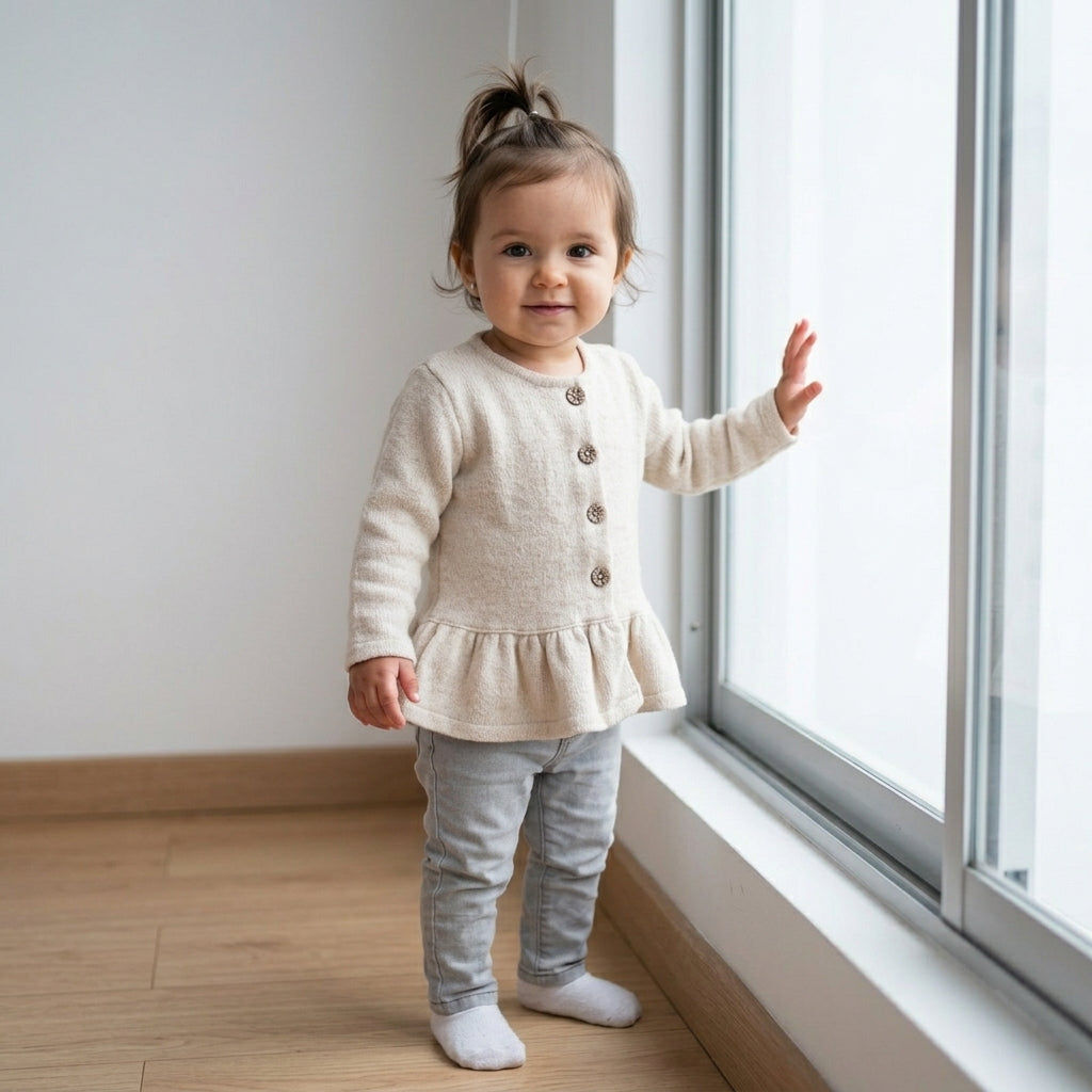 Chaqueta Niña Tejida Beige con Botones y Vuelo en Basta