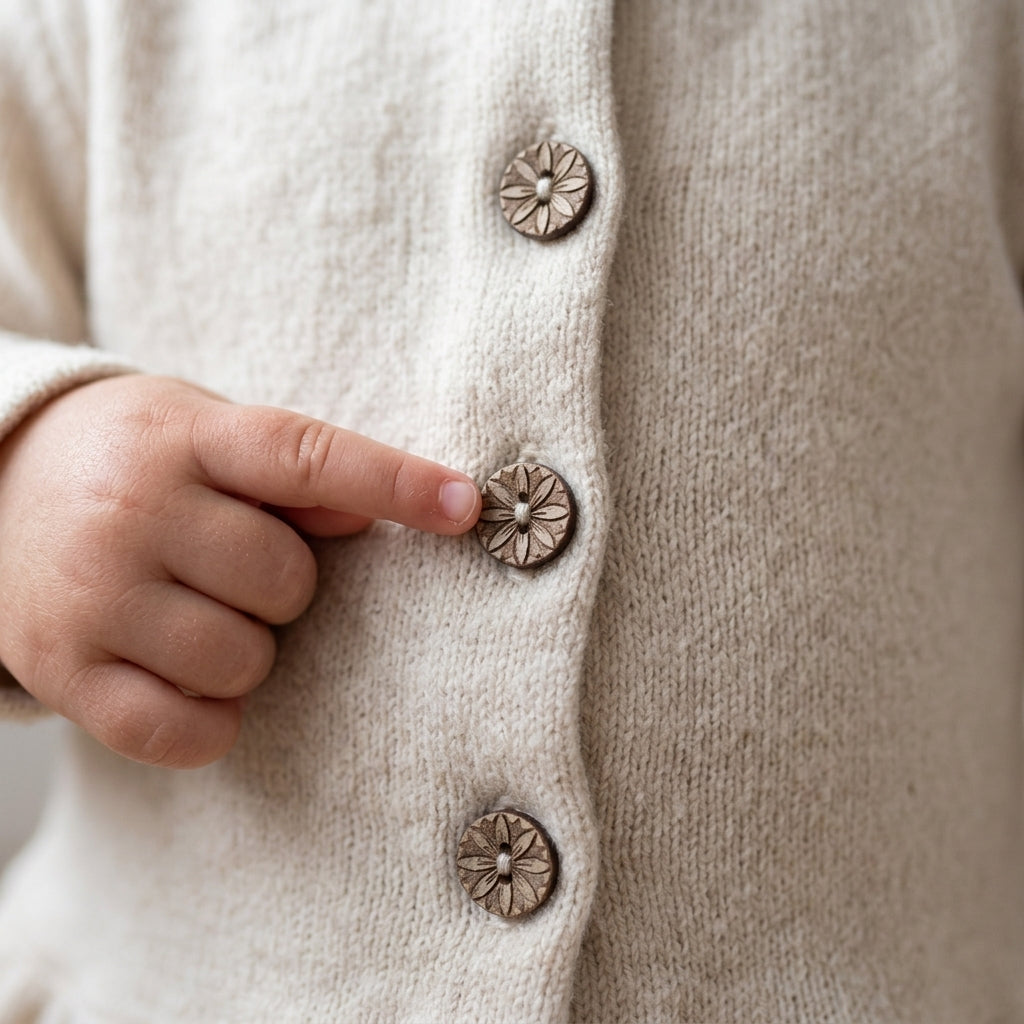 Chaqueta Niña Tejida Beige con Botones y Vuelo en Basta