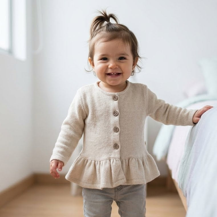 Chaqueta Niña Tejida Beige con Botones y Vuelo en Basta
