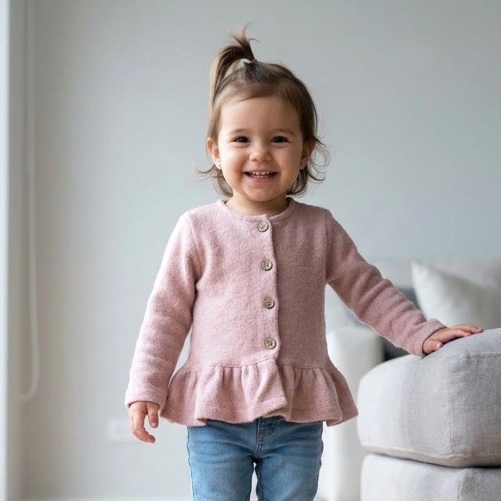 Chaqueta Niña Tejida Palo Rosa con Botones y Vuelo en Basta