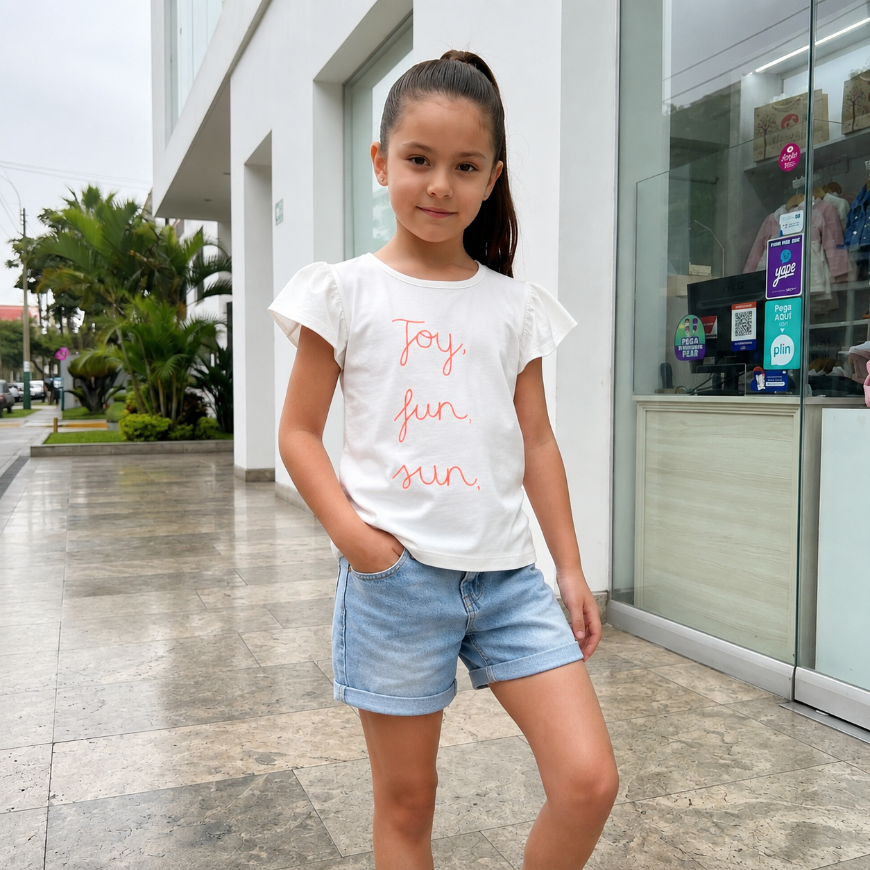 Polo Niña Blanco con Estampado Joy Fun Sun y Mangas Volantes