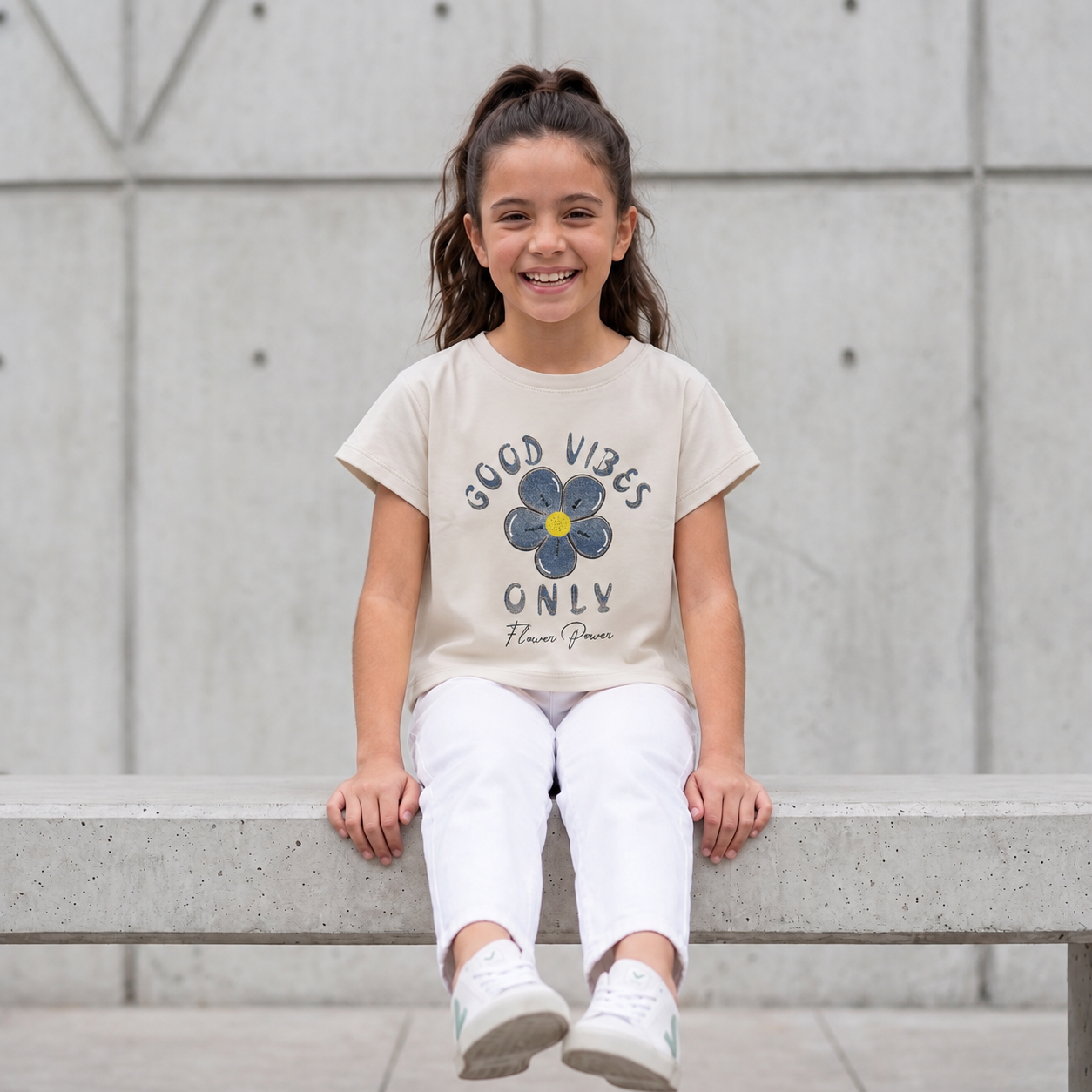 Polo Niña Beige Estampado Good Vibes Flower Power