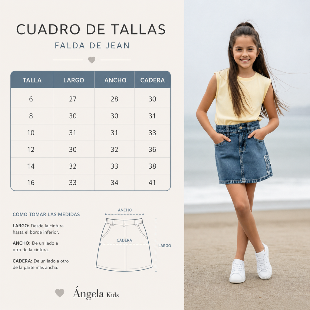 Falda Short Niña Denim Jean Stretch Corte Recto