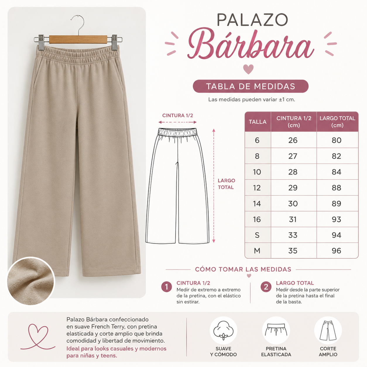Pantalón Palazzo Wide Leg French Terry Niña (Arena)