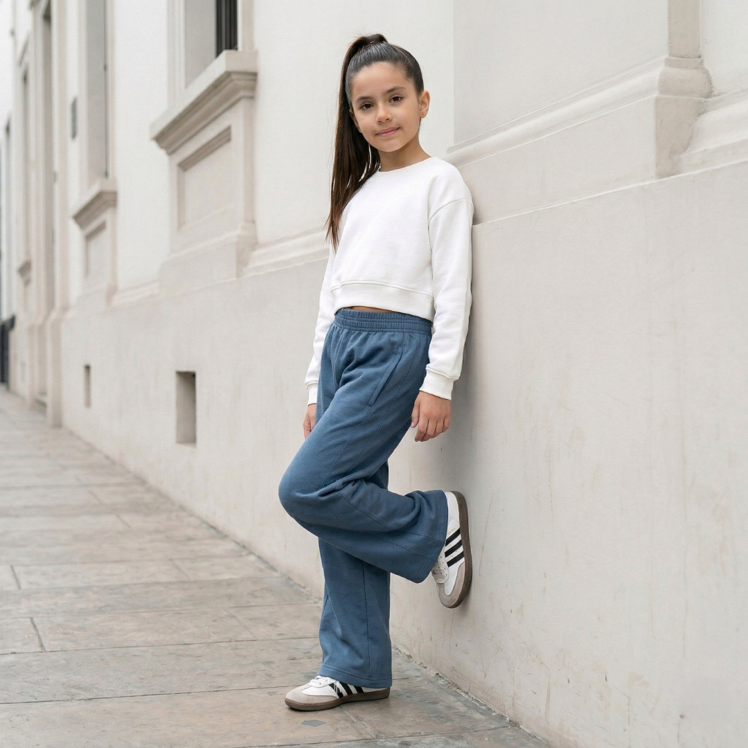 Detalle afranelado interior pantalón palazzo azul acero niña – Angela Kids