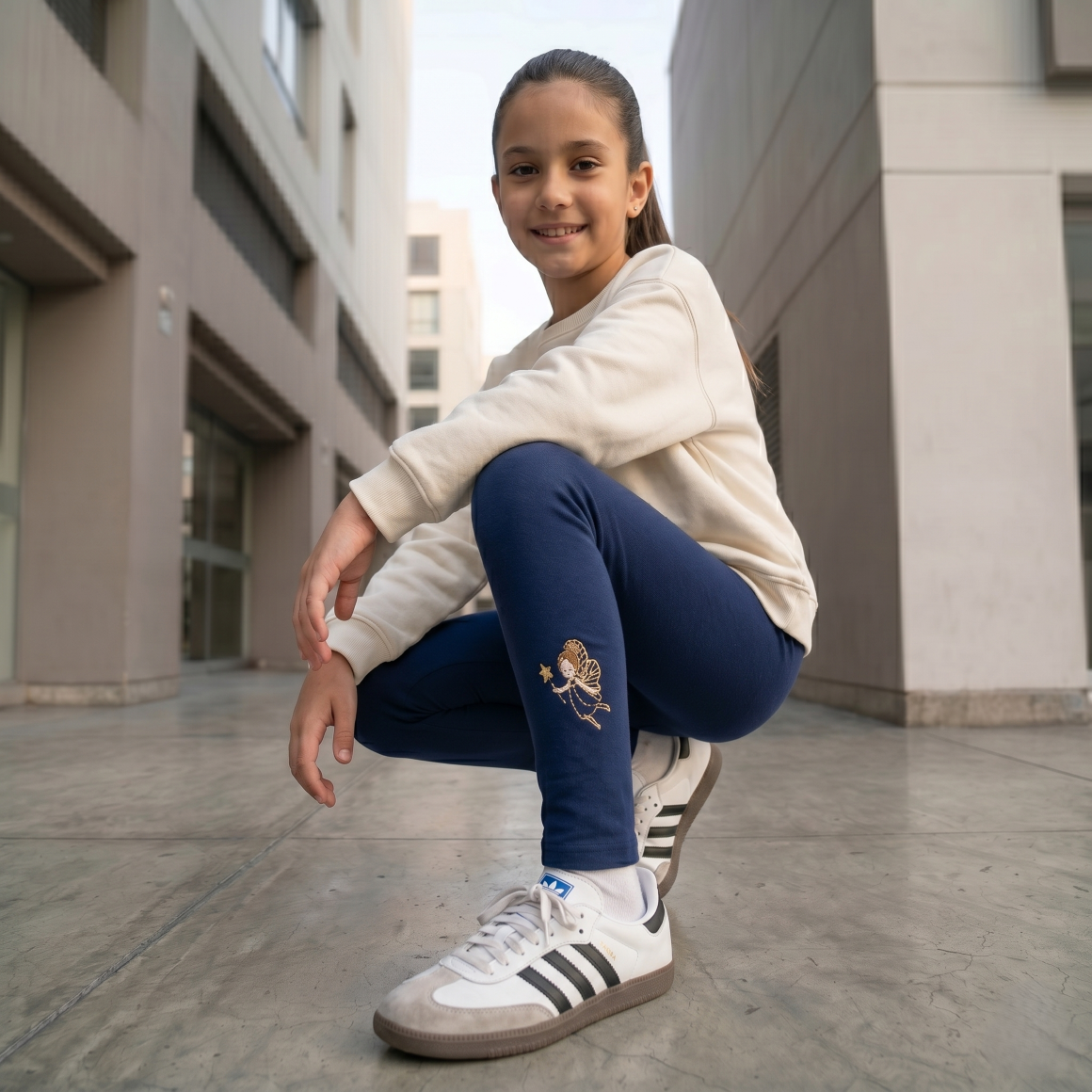 Detalle bordado basta legging niña azul marino afranelada – Angela Kids