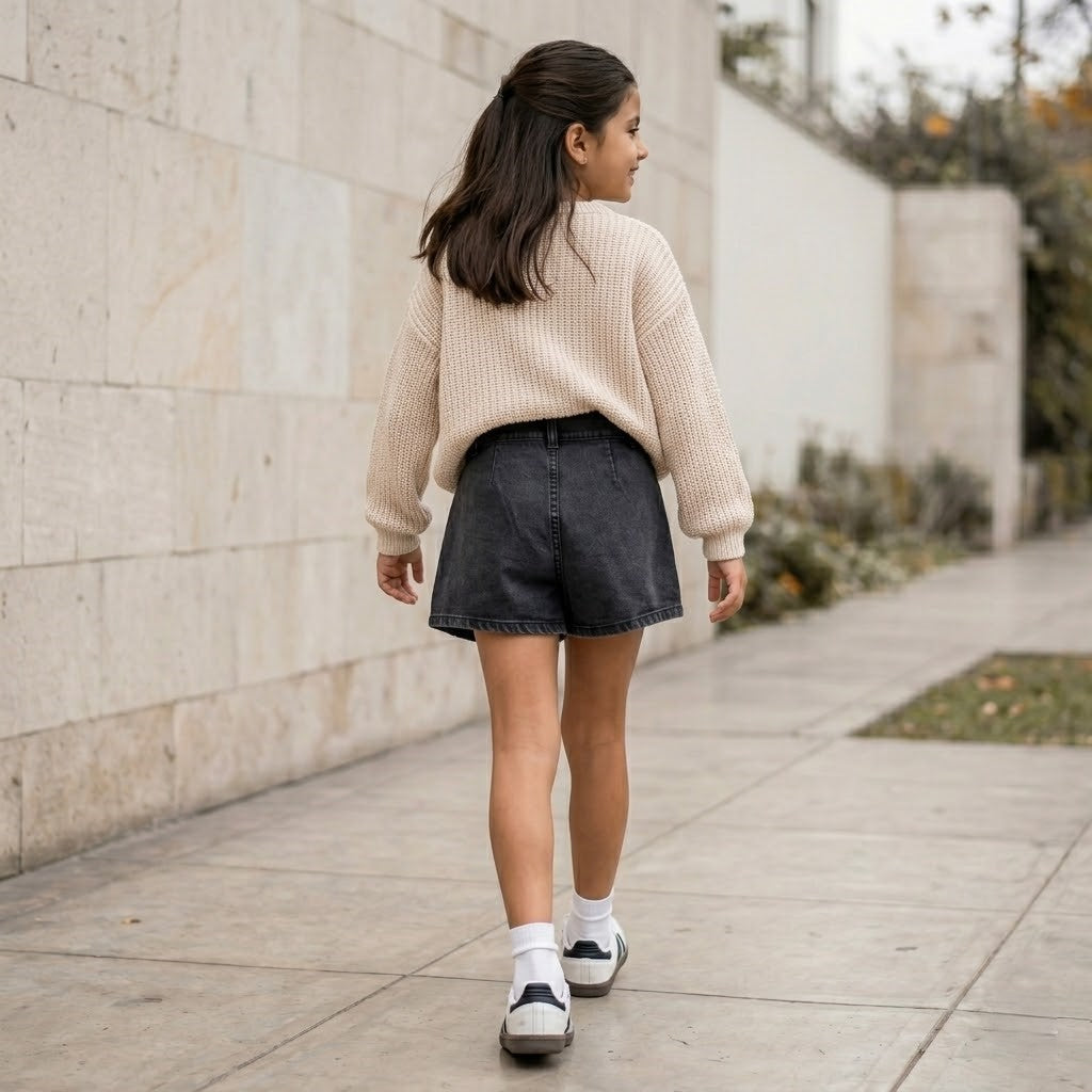 Falda Short Niña Denim Jean Gris Plisada