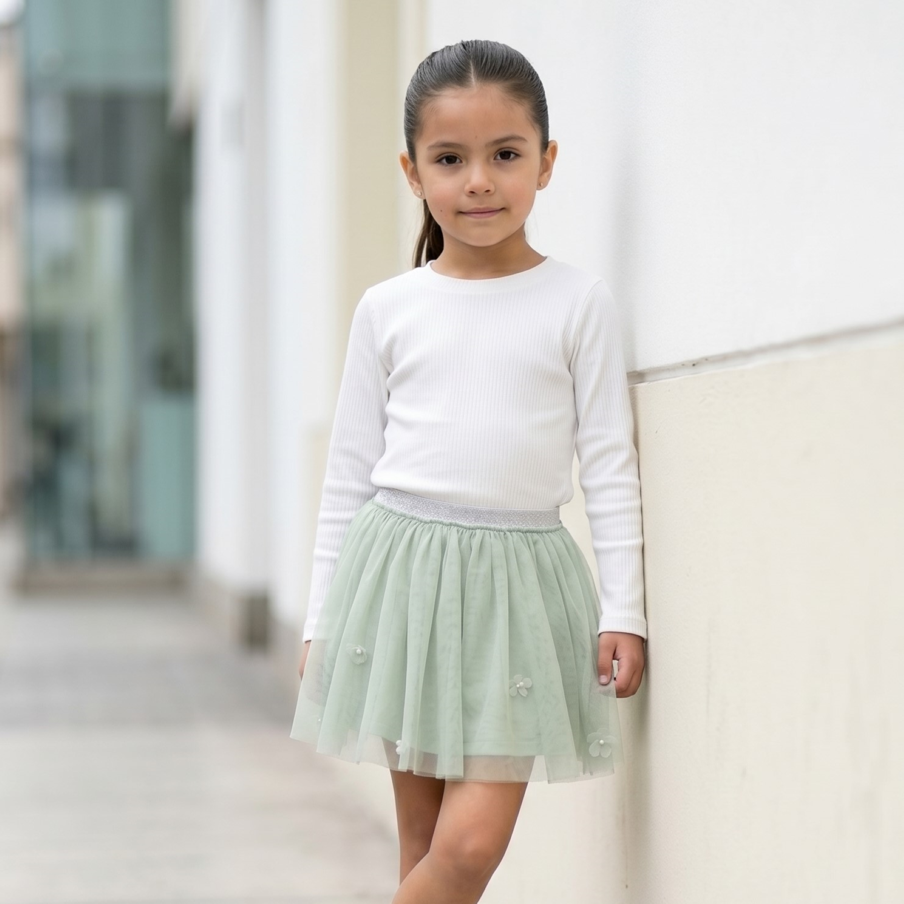 Falda Tutú Niña Menta Tul con Flores 3D Forro Algodón