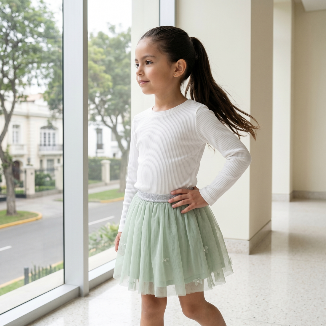 Falda Tutú Niña Menta Tul con Flores 3D Forro Algodón