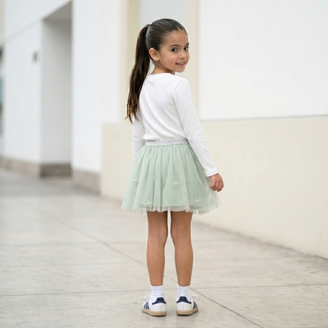 Falda Tutú Niña Menta Tul con Flores 3D Forro Algodón