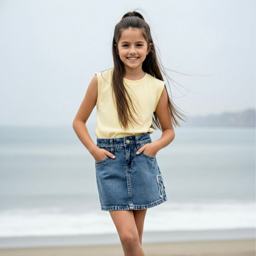 Falda corta niña denim elástico recta casual – Angela Kids