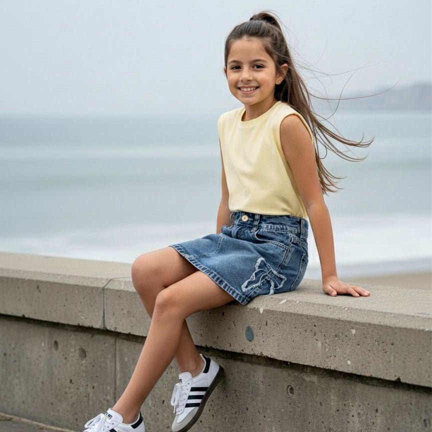 Falda short niña denim stretch corte recto – Angela Kids Perú