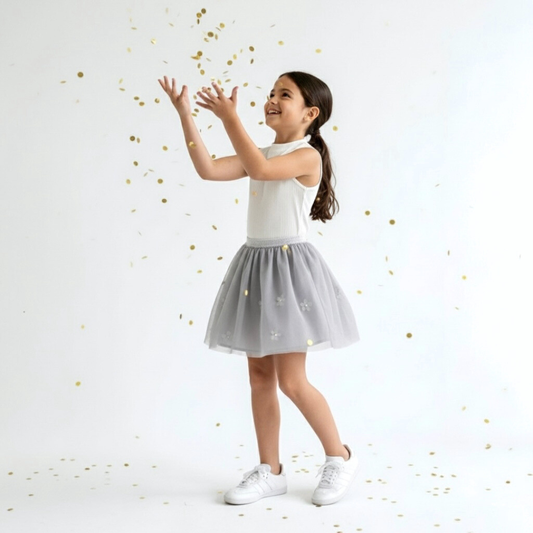 Falda tutú niña gris plata forro algodón interior – Angela Kids Perú