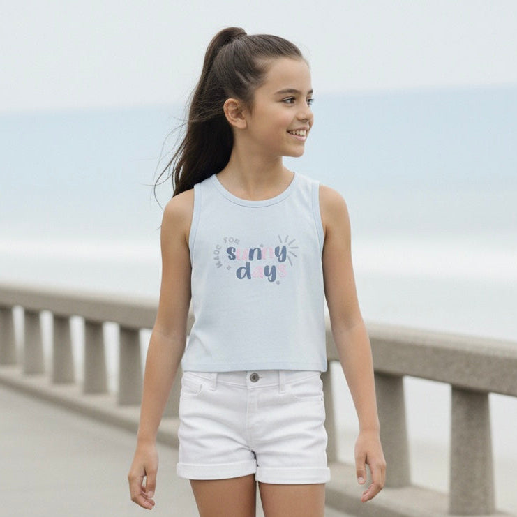 Polo Sin Manga Niña Celeste – Algodón con Bordado