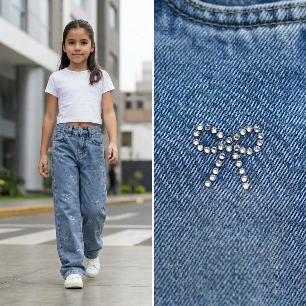 Jean niña wide leg denim azul con lazos strass tiro alto — Angela Kids Perú