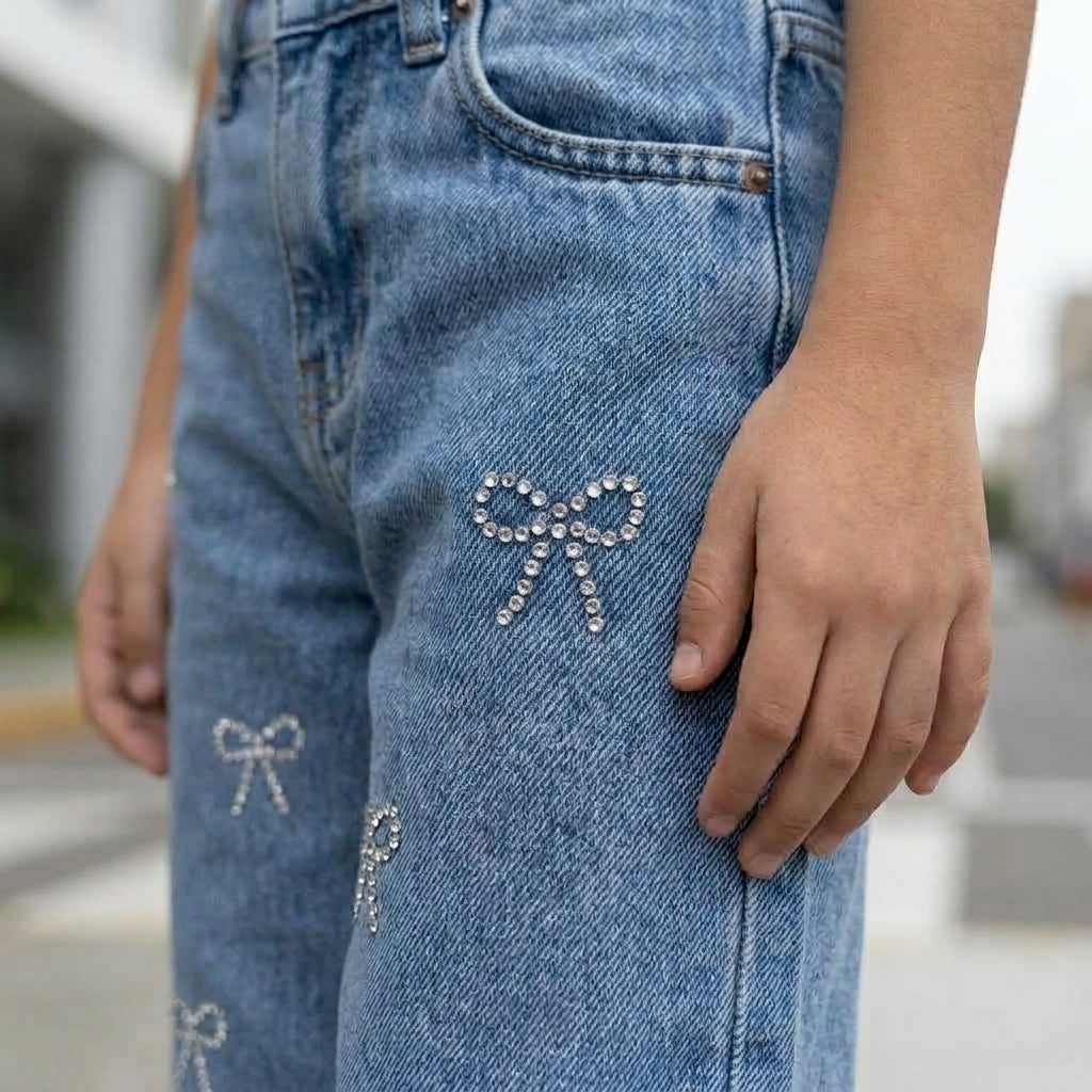 Jean denim niña con moñitos strass hecho en Perú tiro alto — Angela Kids