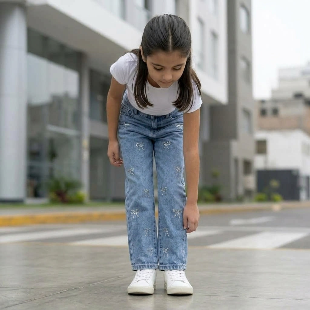 Jean denim niña con moñitos strass hecho en Perú tiro alto — Angela Kids