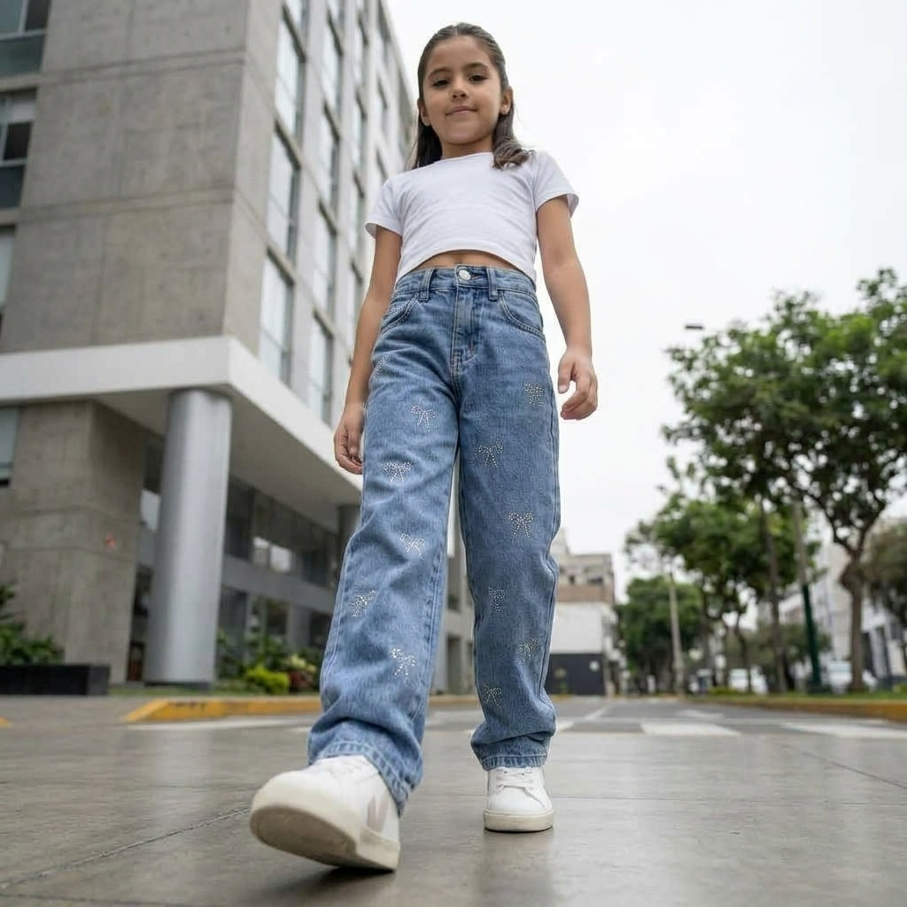 Jean niña pierna ancha denim azul lazos strass corte wide leg — Angela Kids Perú
