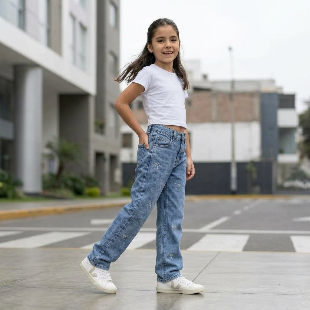 Jean wide leg lazos strass niña tallas 6 al 16 con polo blanco — Angela Kids Perú