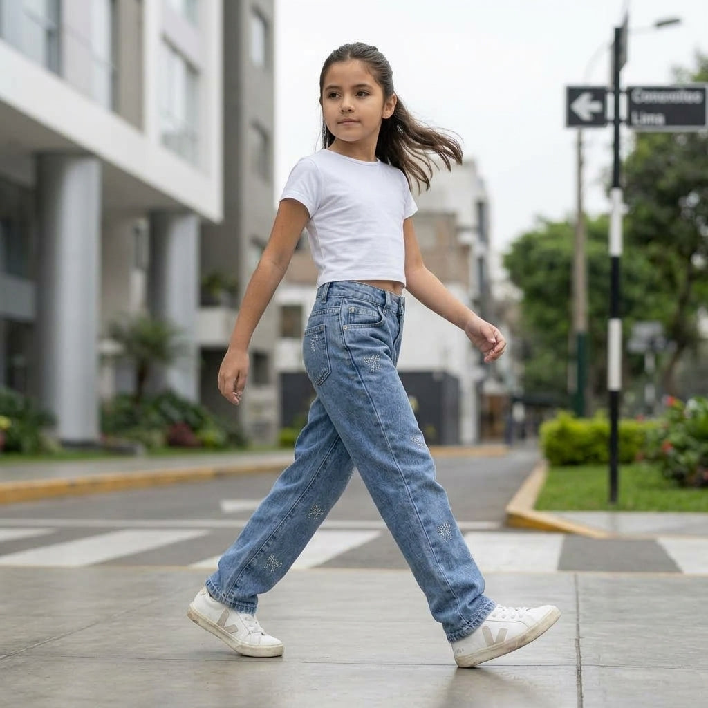 Detalle lazos moñitos strass jean wide leg niña denim azul — Angela Kids Perú