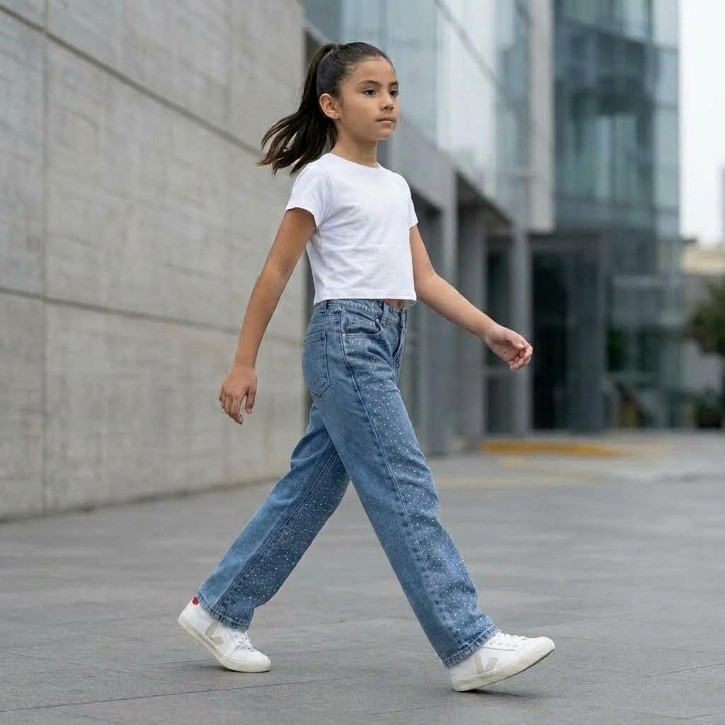 Jean denim niña con brillos strass hecho en Perú tiro alto — Angela Kids