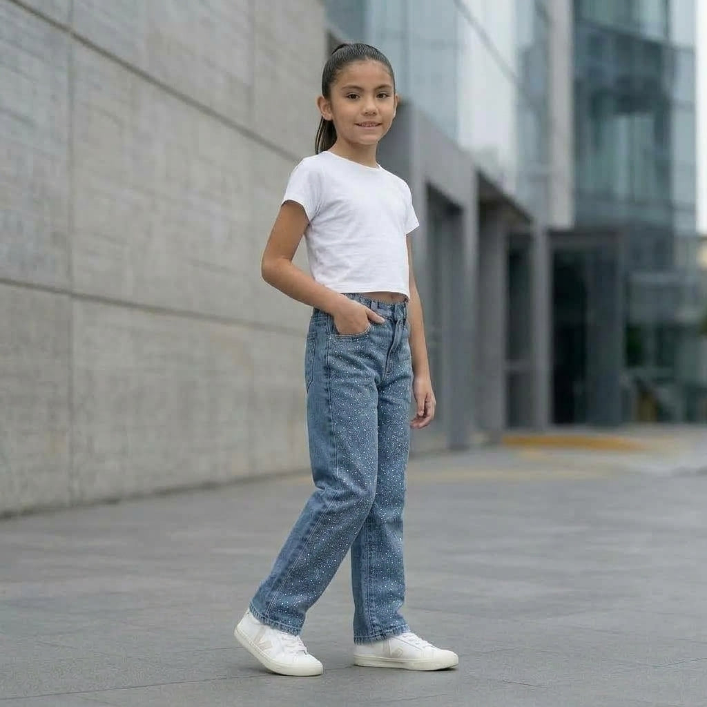 Jean denim niña con brillos strass hecho en Perú tiro alto — Angela Kids