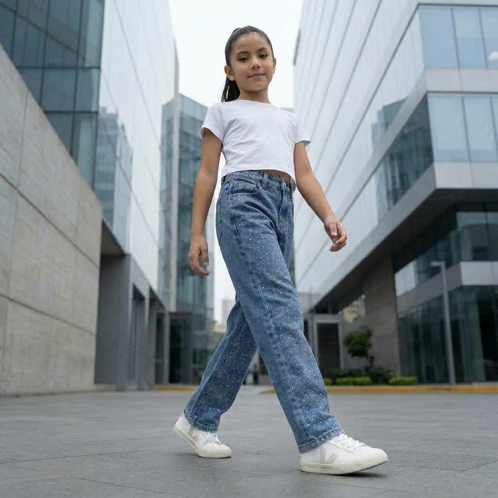 Jean niña pierna ancha denim azul strass corte wide leg — Angela Kids Perú
